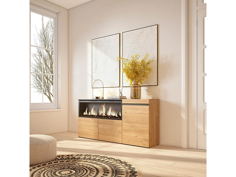 Credenza, Mobile, Cucina, 158x35x87cm, 3 Porte, Camino elettrico XXL, Rovere