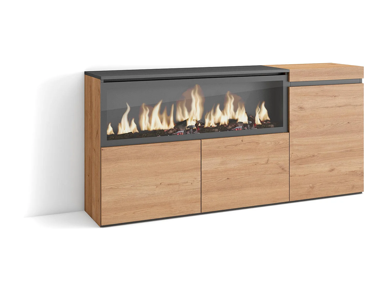 Credenza, Mobile, Cucina, 158x35x87cm, 3 Porte, Camino elettrico XXL, Rovere