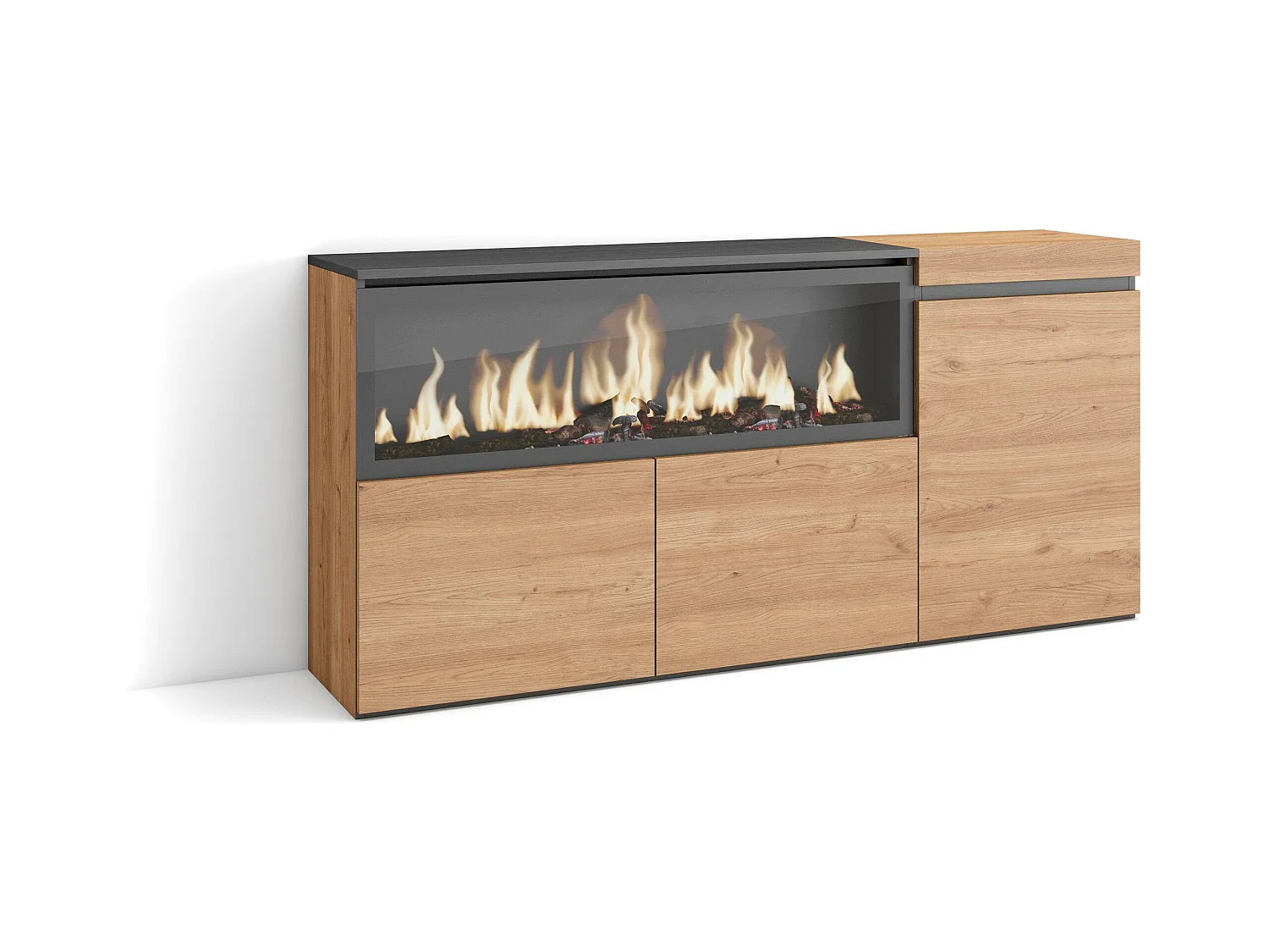 Buffet salon et cuisine, 158x35x75cm, 3 Portes, Cheminée électrique XXL, Chêne