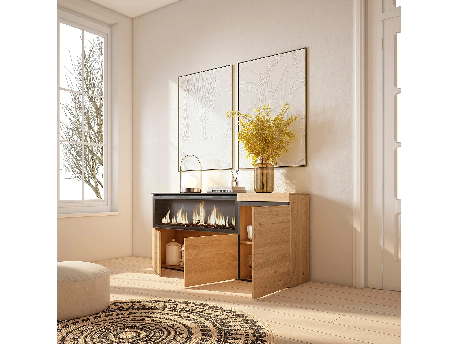 Buffet salon et cuisine, 158x35x75cm, 3 Portes, Cheminée électrique XXL, Chêne