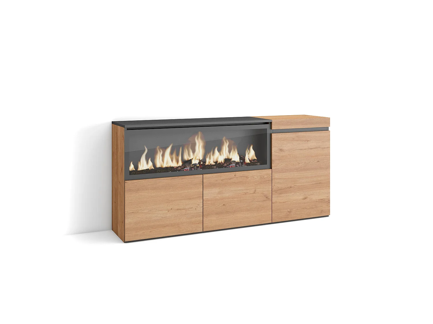 Buffet salon et cuisine, 158x35x75cm, 3 Portes, Cheminée électrique XXL, Chêne