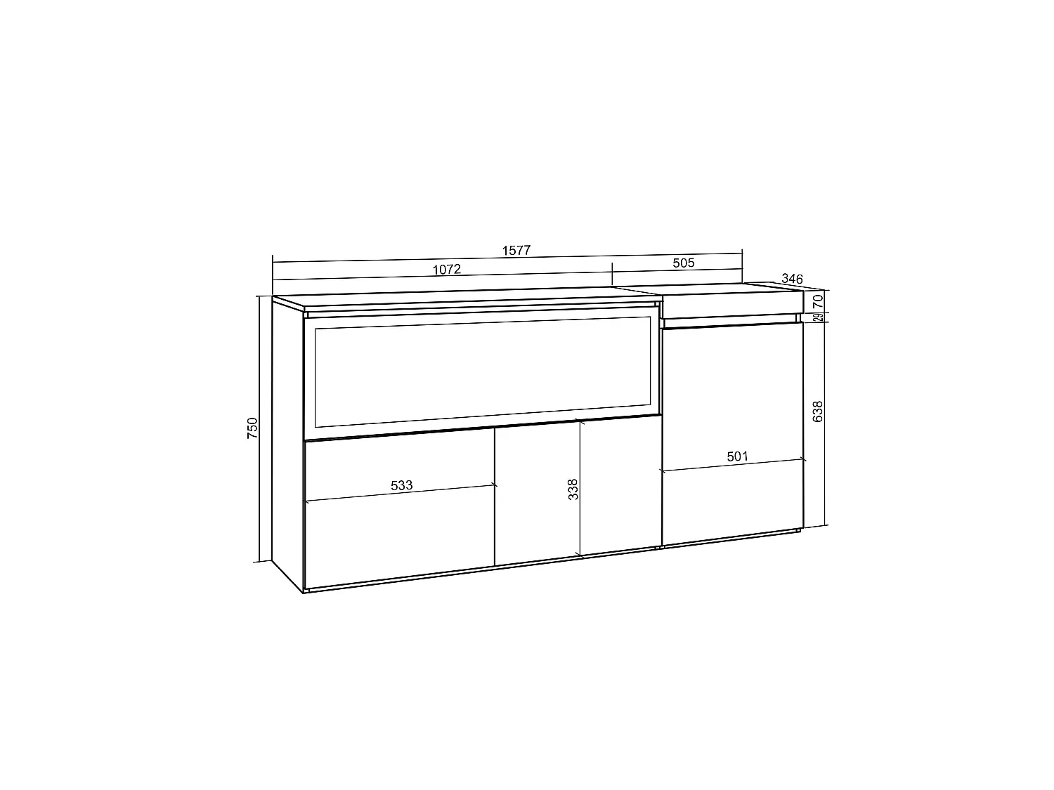 Buffet salon et cuisine, 158x35x75cm, 3 Portes, Cheminée électrique XXL, Chêne
