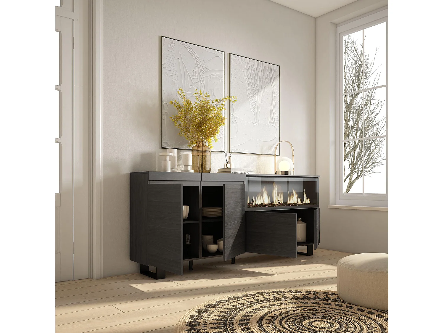 Buffet salon et cuisine, 208x35x87cm, 4 Portes, Cheminée électrique XXL, Design industriel, Noir