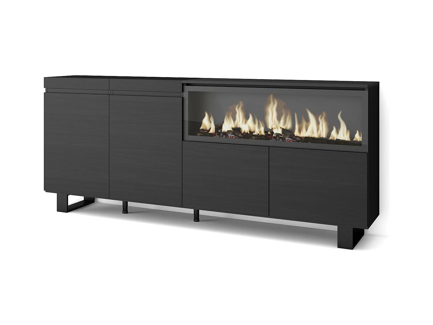 Buffet salon et cuisine, 208x35x87cm, 4 Portes, Cheminée électrique XXL, Design industriel, Noir
