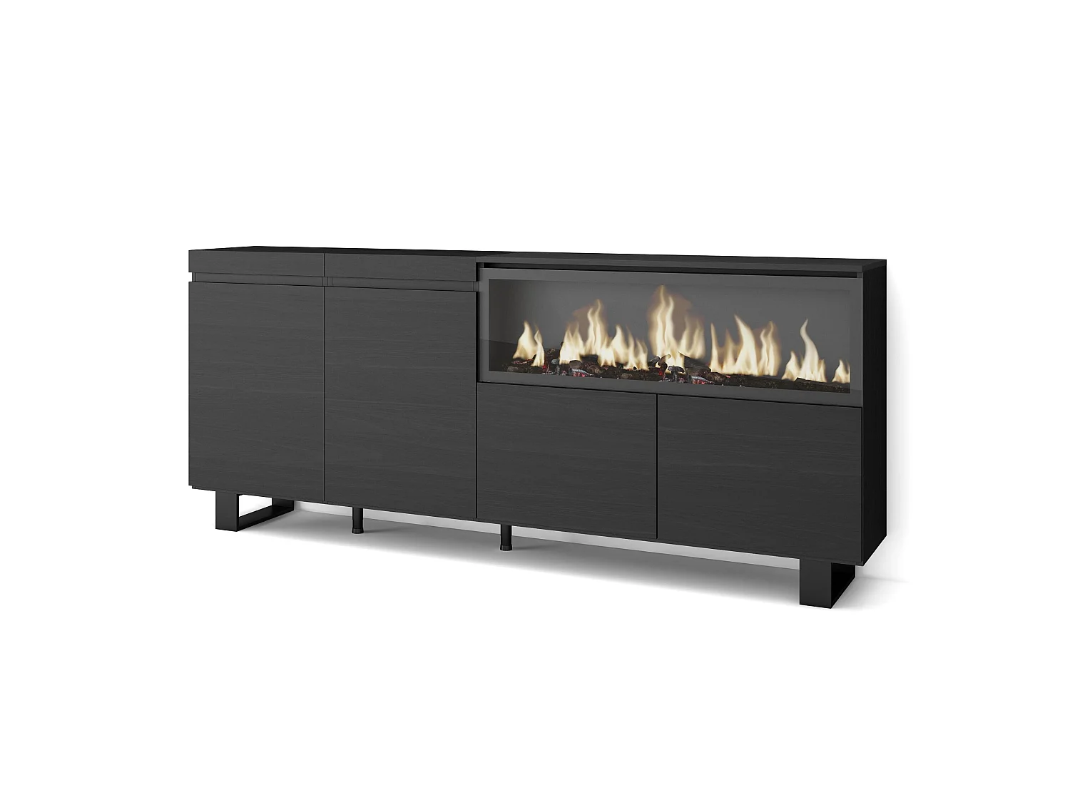 Dressoir, Opbergkast, 208x35x87cm, 4 Deuren, Elektrische haard XXL, Industrieel design, Zwart