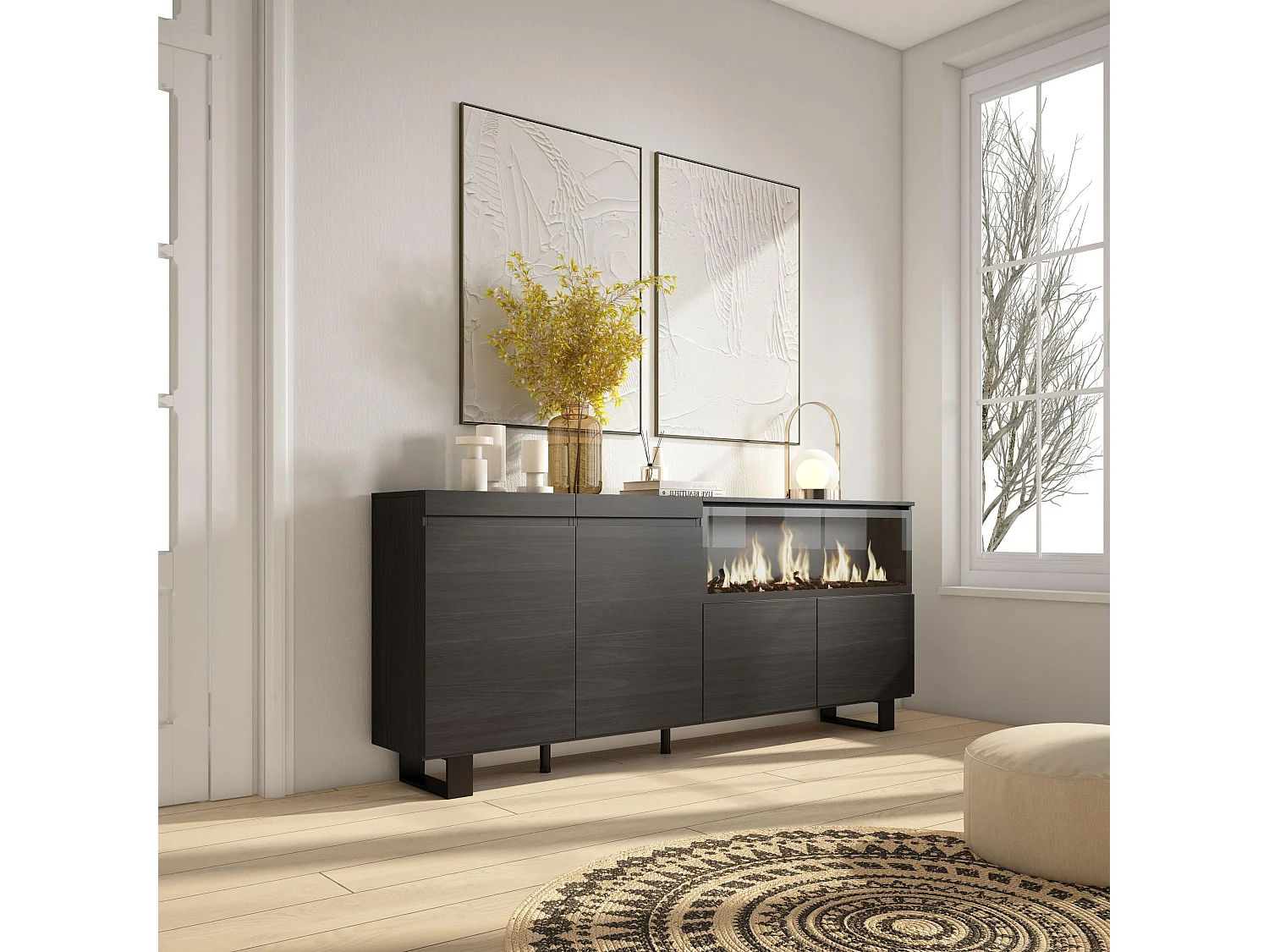 Dressoir, Opbergkast, 208x35x87cm, 4 Deuren, Elektrische haard XXL, Industrieel design, Zwart