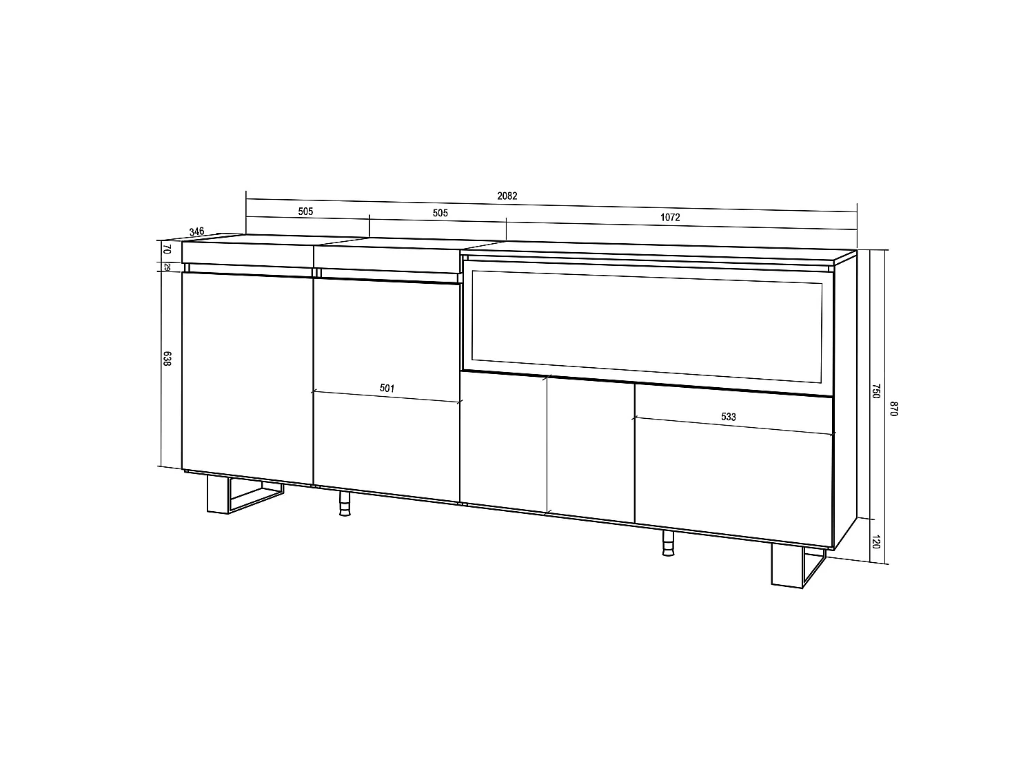 Dressoir, Opbergkast, 208x35x87cm, 4 Deuren, Elektrische haard XXL, Industrieel design, Zwart