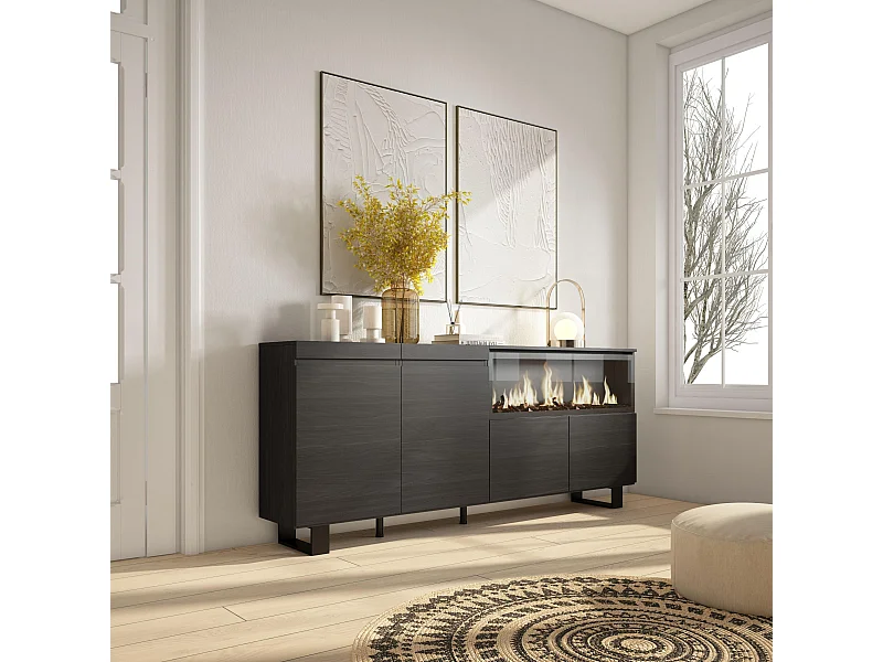 Buffet salon et cuisine, 208x35x87cm, 4 Portes, Cheminée électrique XXL, Design industriel, Noir