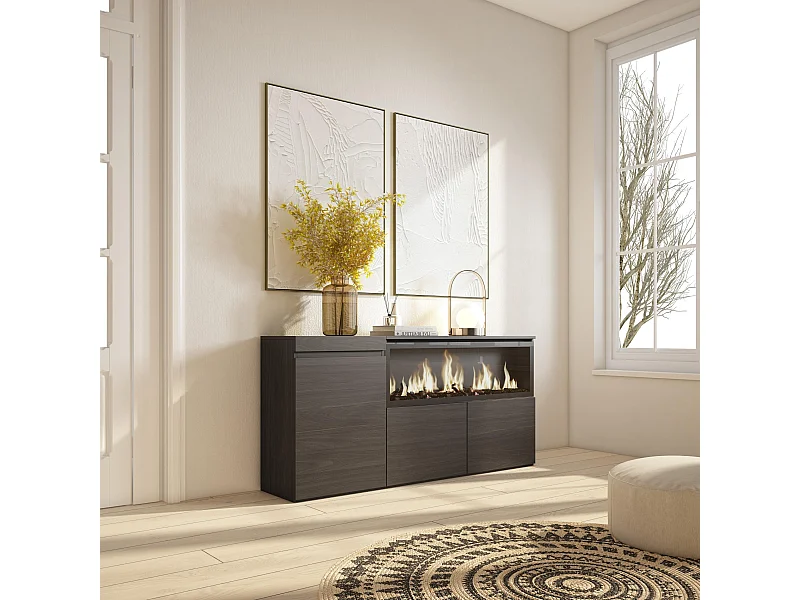 Credenza, Mobile, Cucina, 158x35x87cm, 3 Porte, Camino elettrico XXL, Nero