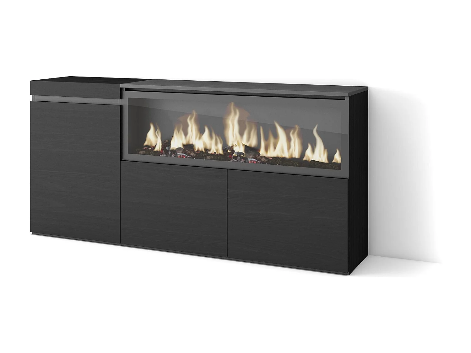 Buffet salon et cuisine, 158x35x75cm, 3 Portes, Cheminée électrique XXL, Noir