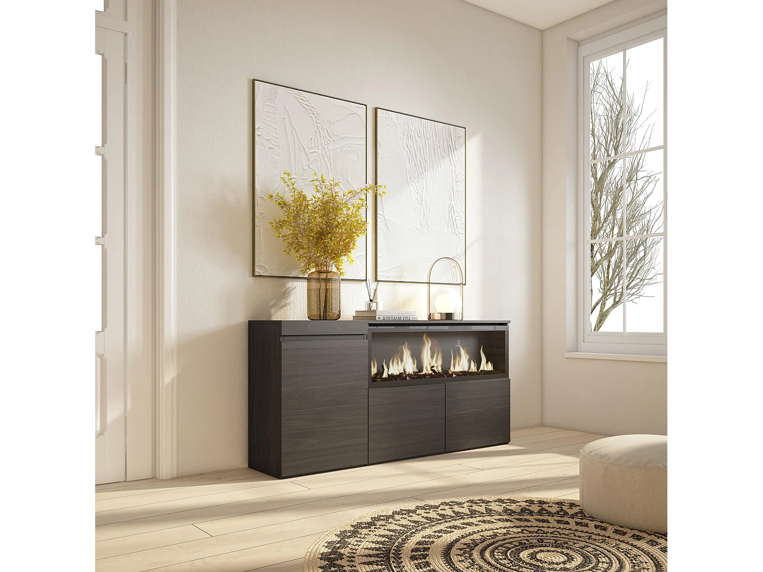 Dressoir, Opbergkast, 158x35x75cm, 3 Deuren, Elektrische haard XXL, Zwart