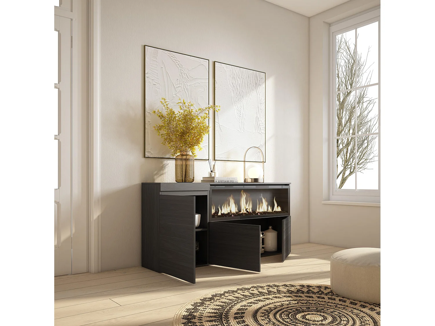 Dressoir, Opbergkast, 158x35x75cm, 3 Deuren, Elektrische haard XXL, Zwart