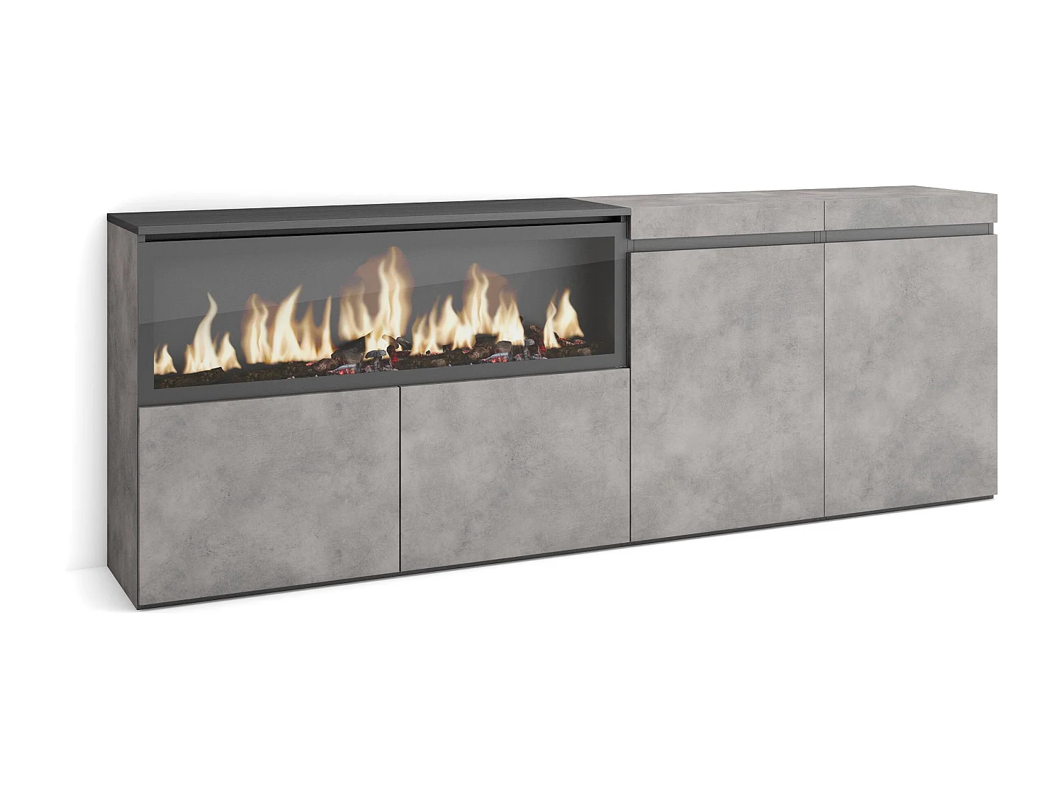 Buffet salon et cuisine, 208x35x75cm, 4 Portes, Cheminée électrique XXL, Ciment