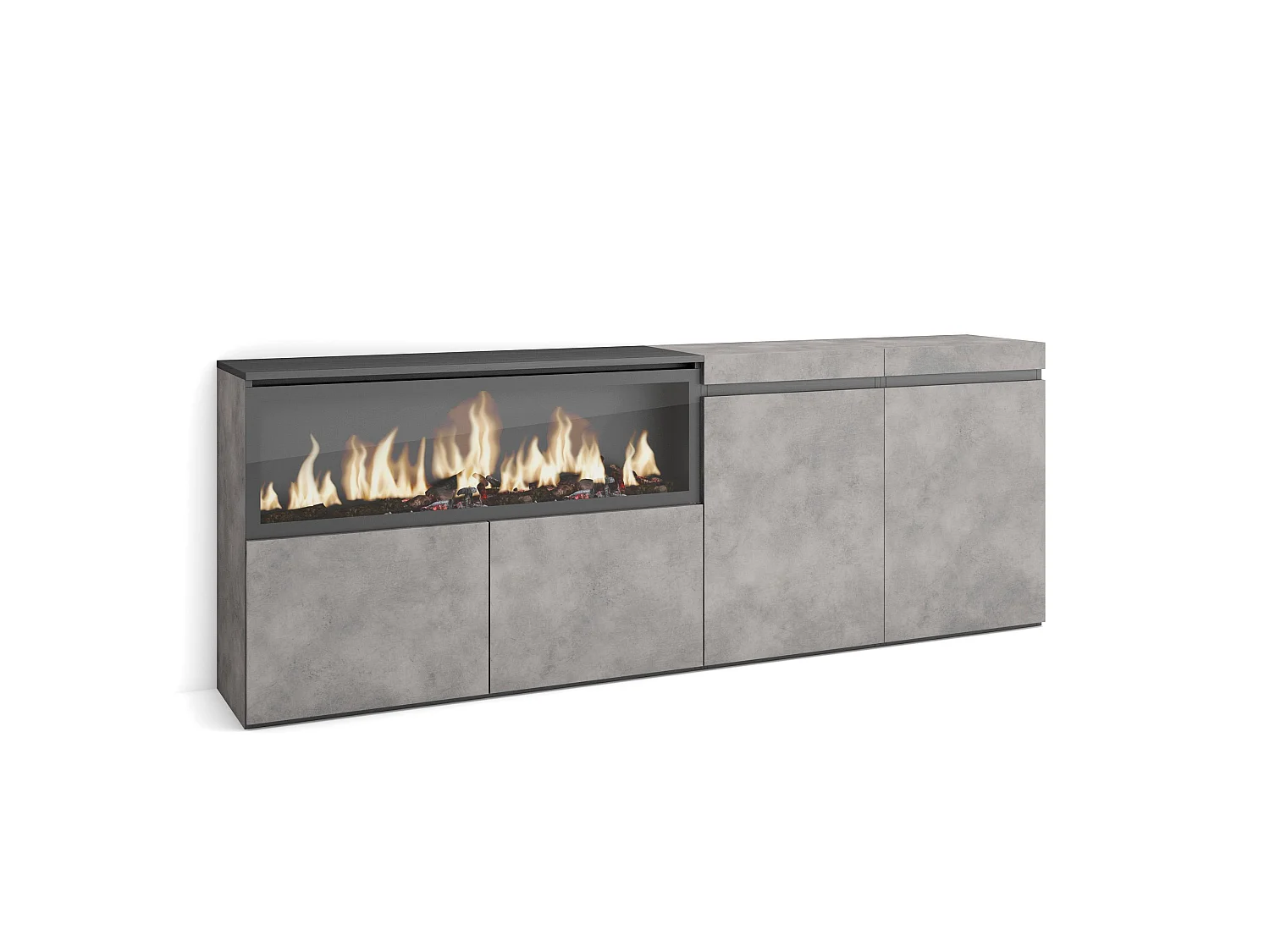 Buffet salon et cuisine, 208x35x75cm, 4 Portes, Cheminée électrique XXL, Ciment