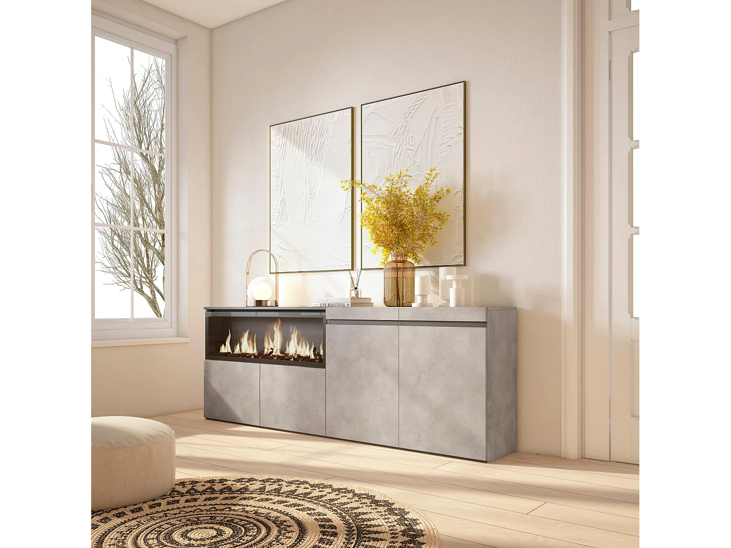 Buffet salon et cuisine, 208x35x75cm, 4 Portes, Cheminée électrique XXL, Ciment