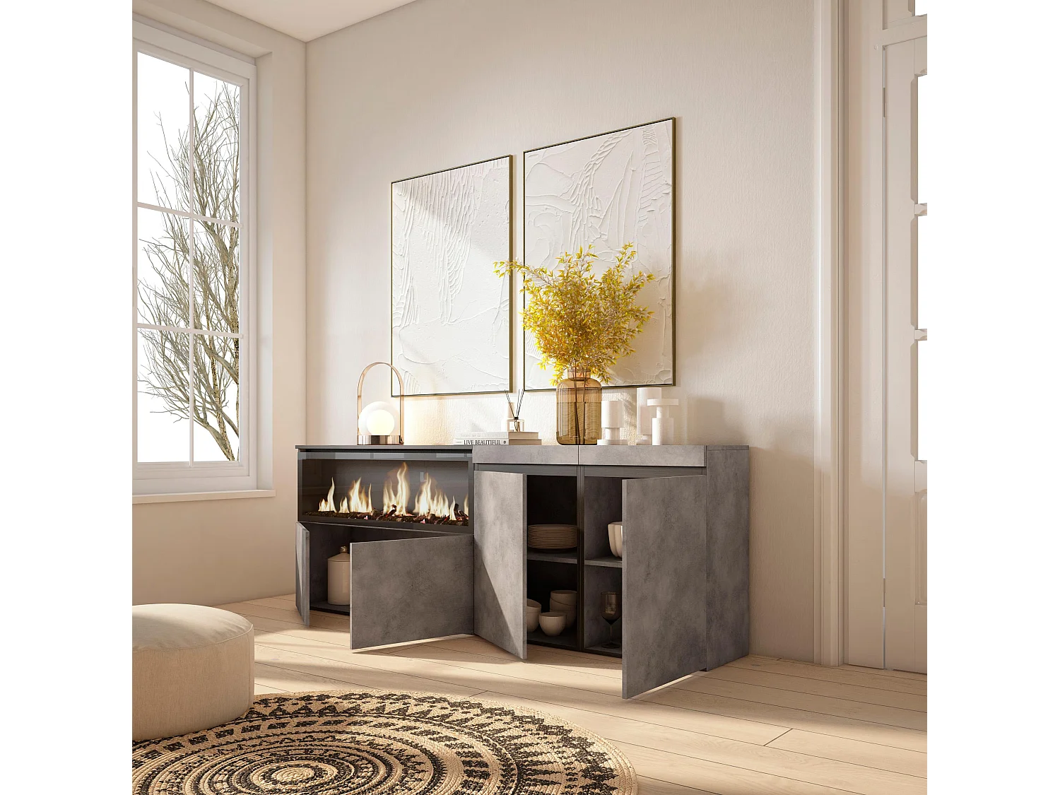 Buffet salon et cuisine, 208x35x75cm, 4 Portes, Cheminée électrique XXL, Ciment