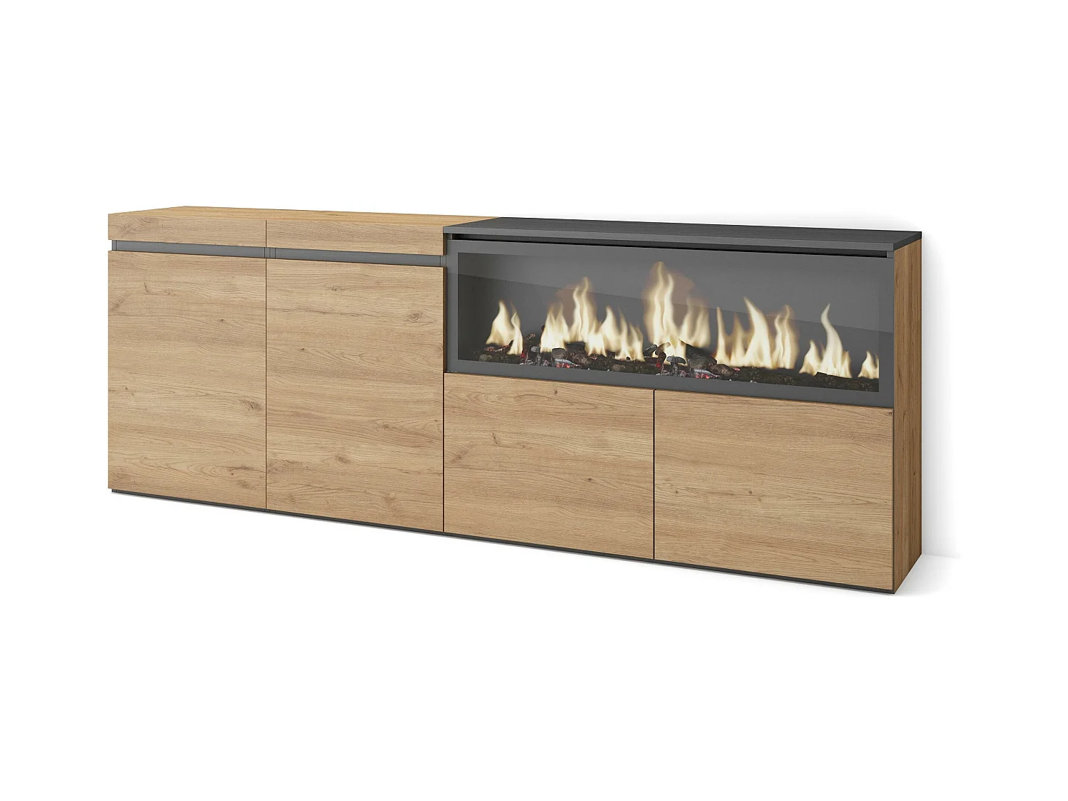 Buffet salon et cuisine, 208x35x75cm, 4 Portes, Cheminée électrique XXL, Chêne