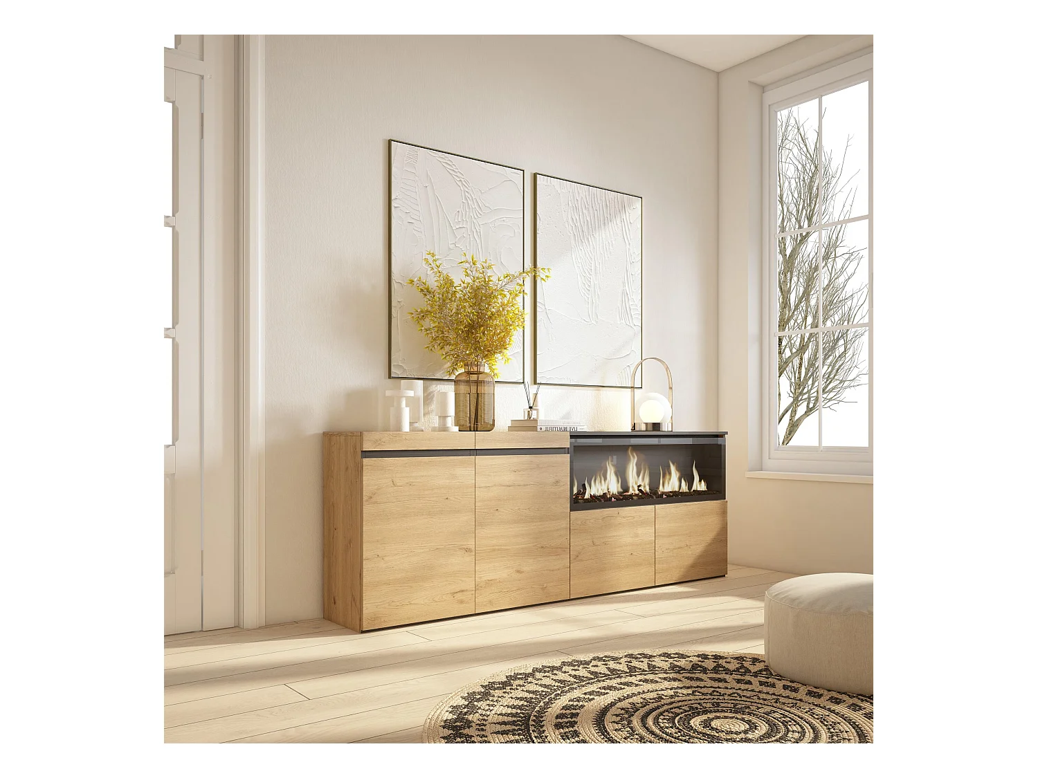 Buffet salon et cuisine, 208x35x75cm, 4 Portes, Cheminée électrique XXL, Chêne