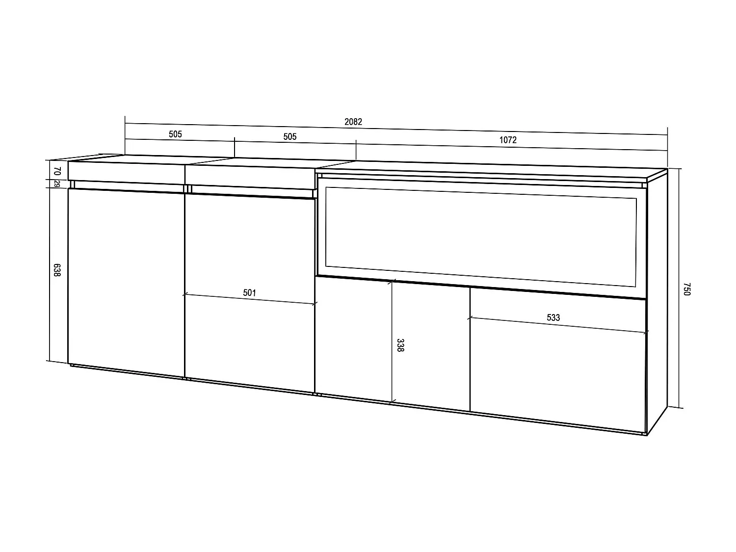 Buffet salon et cuisine, 208x35x75cm, 4 Portes, Cheminée électrique XXL, Chêne