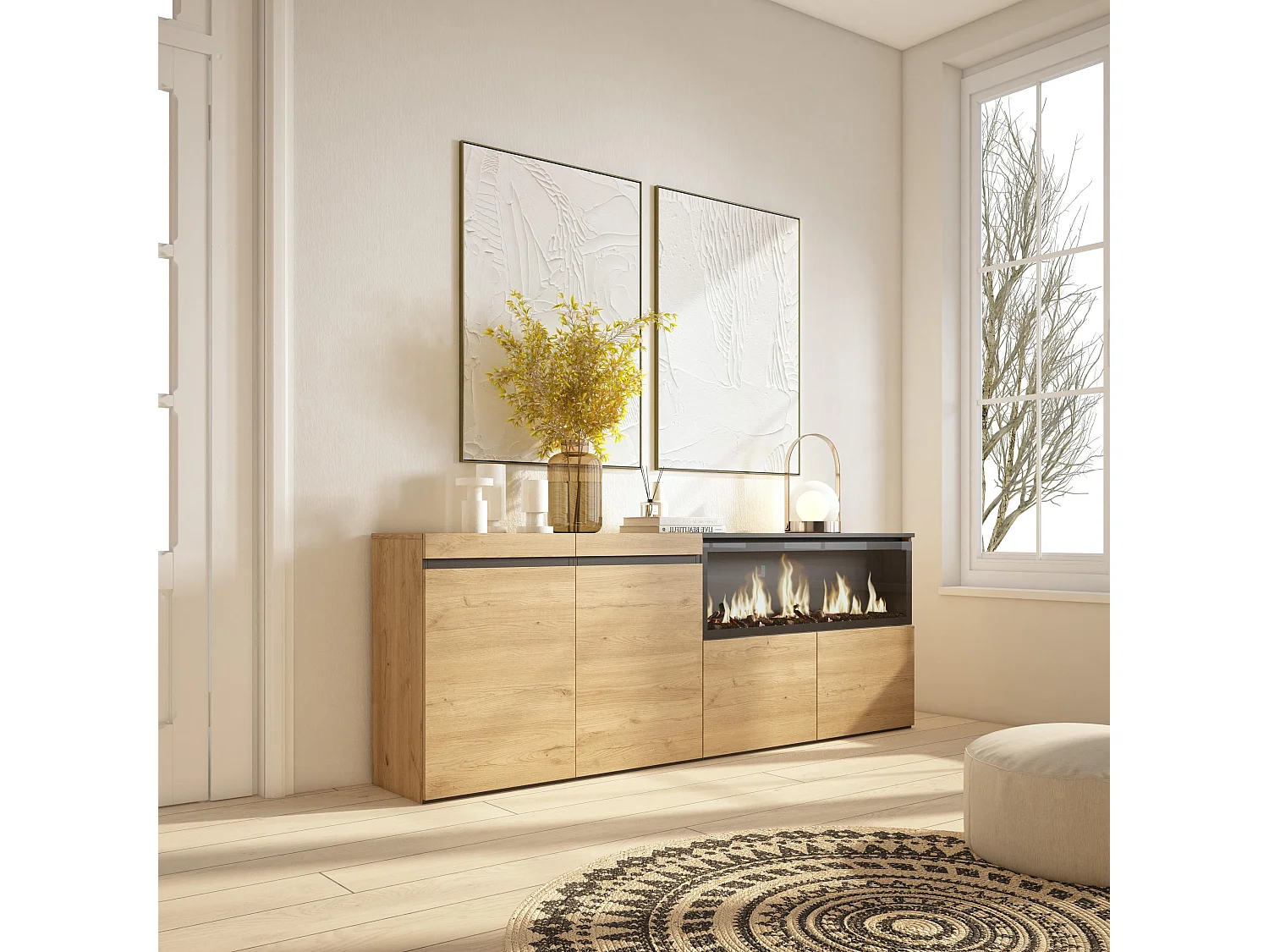 Buffet salon et cuisine, 208x35x75cm, 4 Portes, Cheminée électrique XXL, Chêne