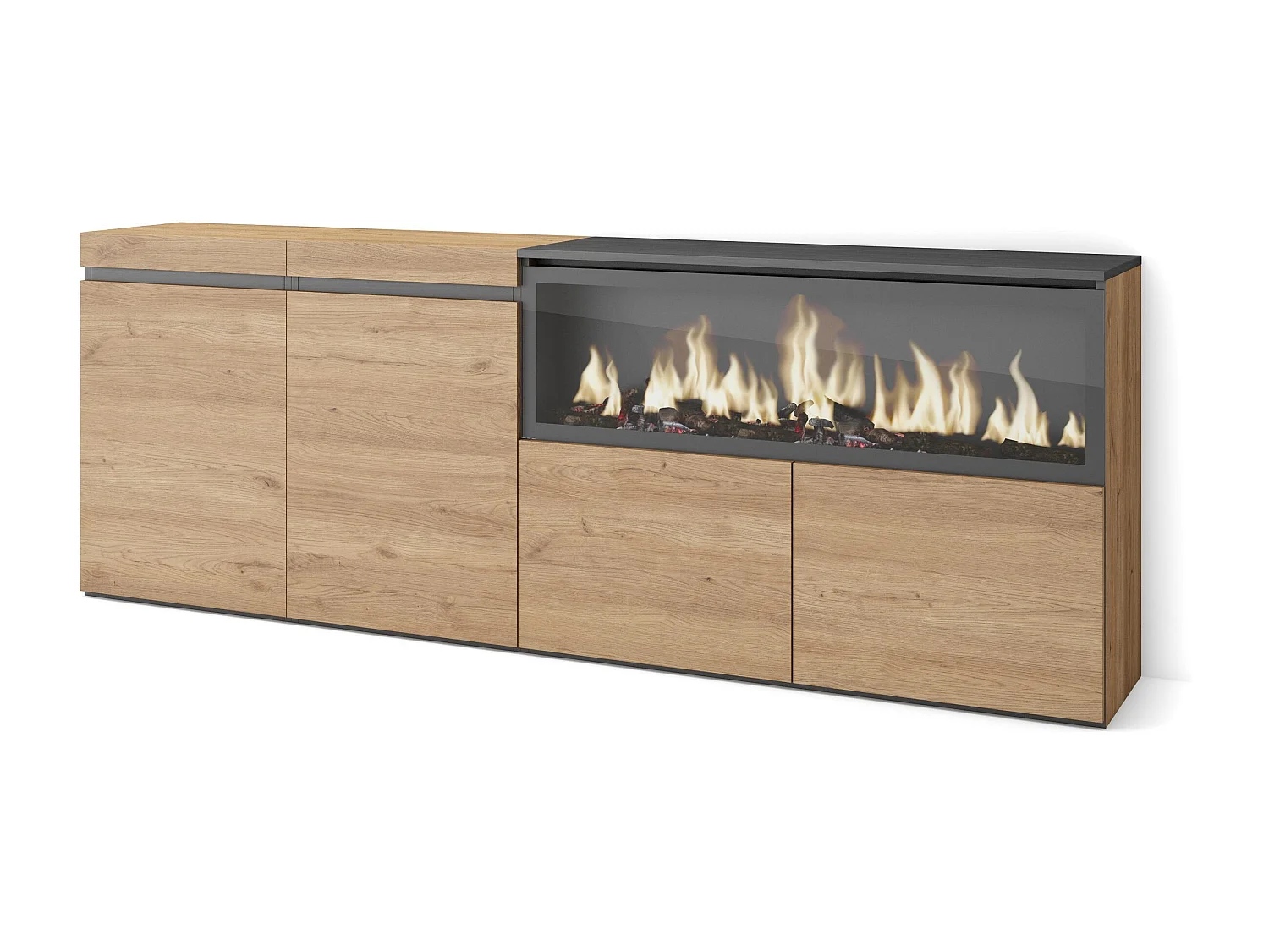 Buffet salon et cuisine, 208x35x75cm, 4 Portes, Cheminée électrique XXL, Chêne