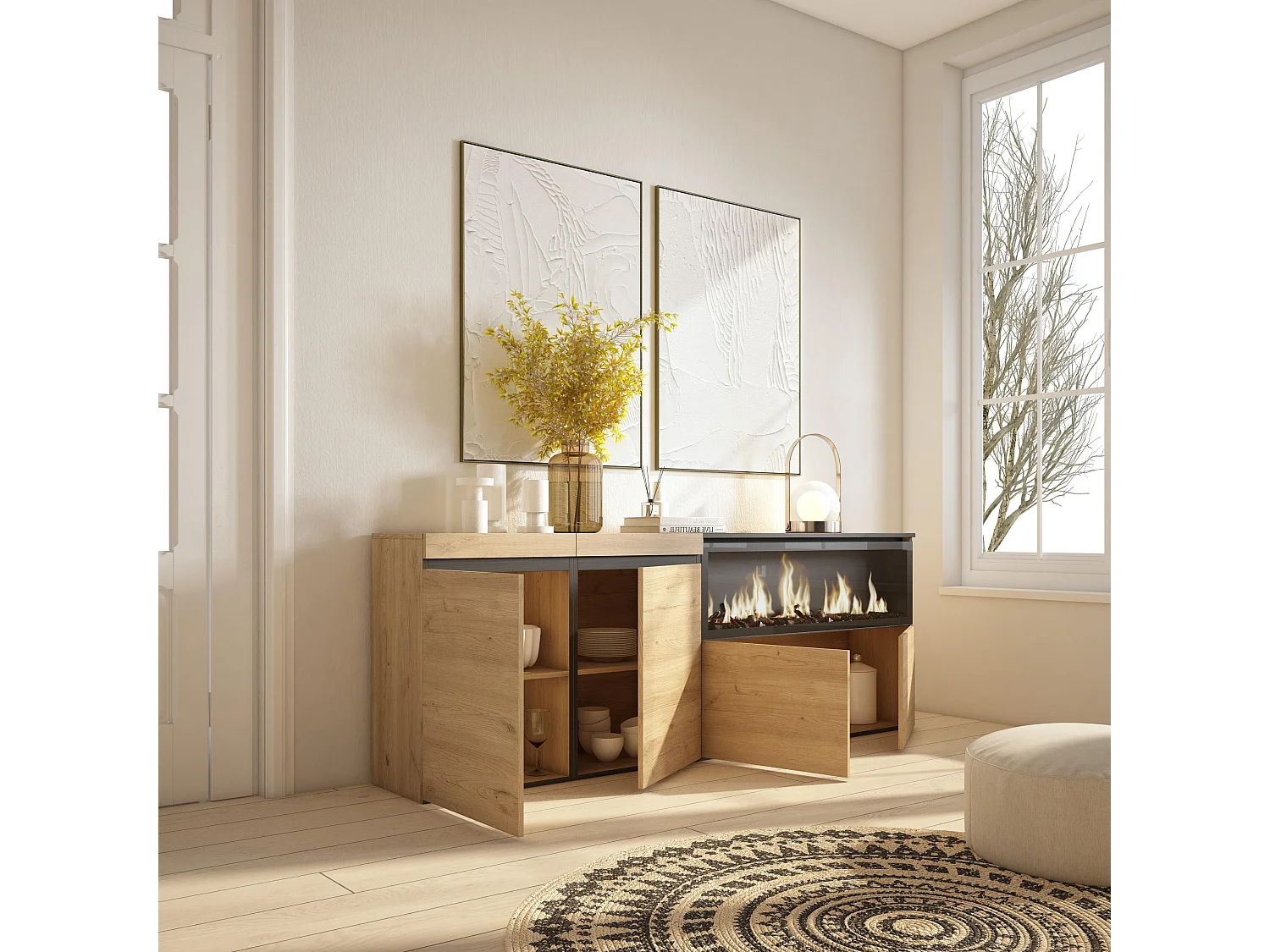 Buffet salon et cuisine, 208x35x75cm, 4 Portes, Cheminée électrique XXL, Chêne