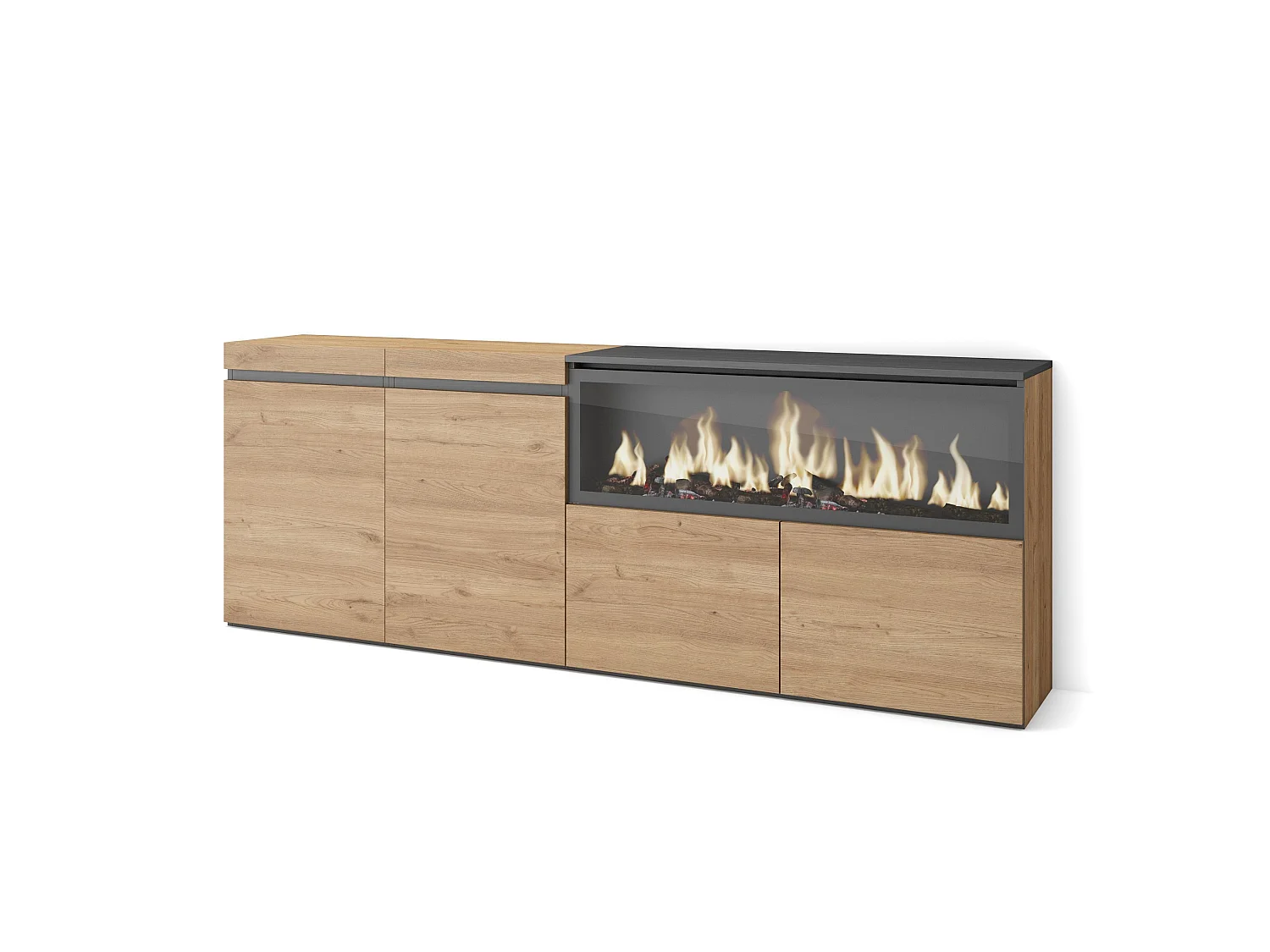 Aparador sala de jantar, 208x35x75cm, 4 Portas, Lareira eléctrica XXL, Carvahlo