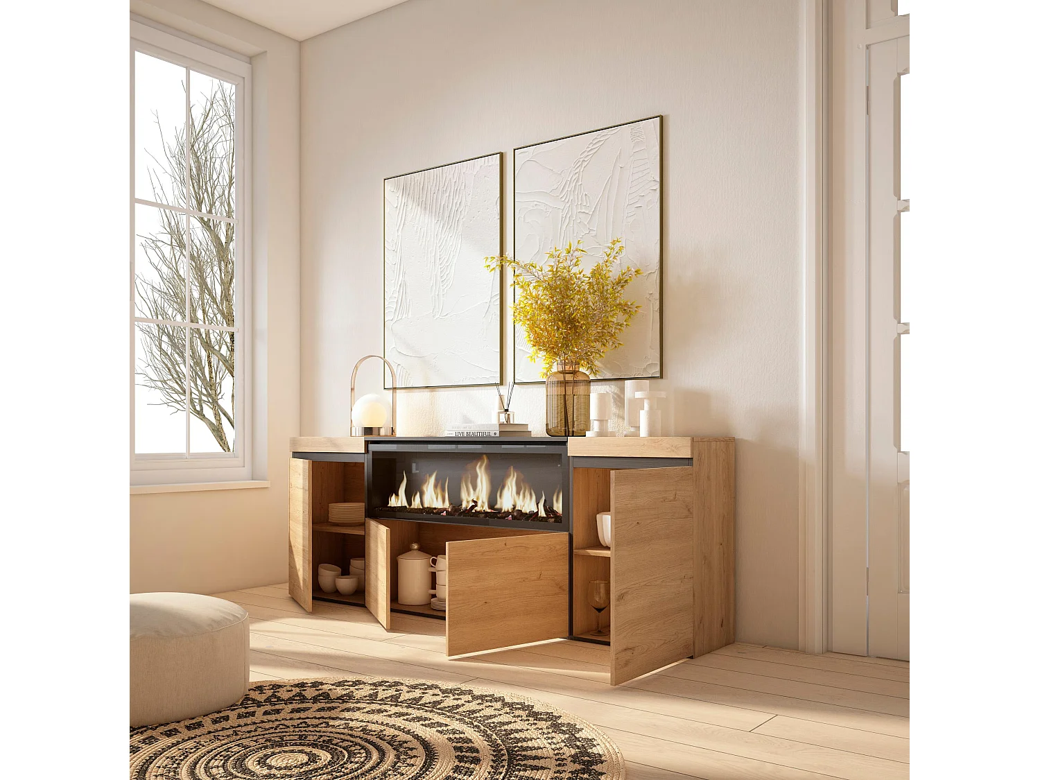 Dressoir, Opbergkast, 208x35x75cm, 4 Deuren, Elektrische haard XXL, Eiken