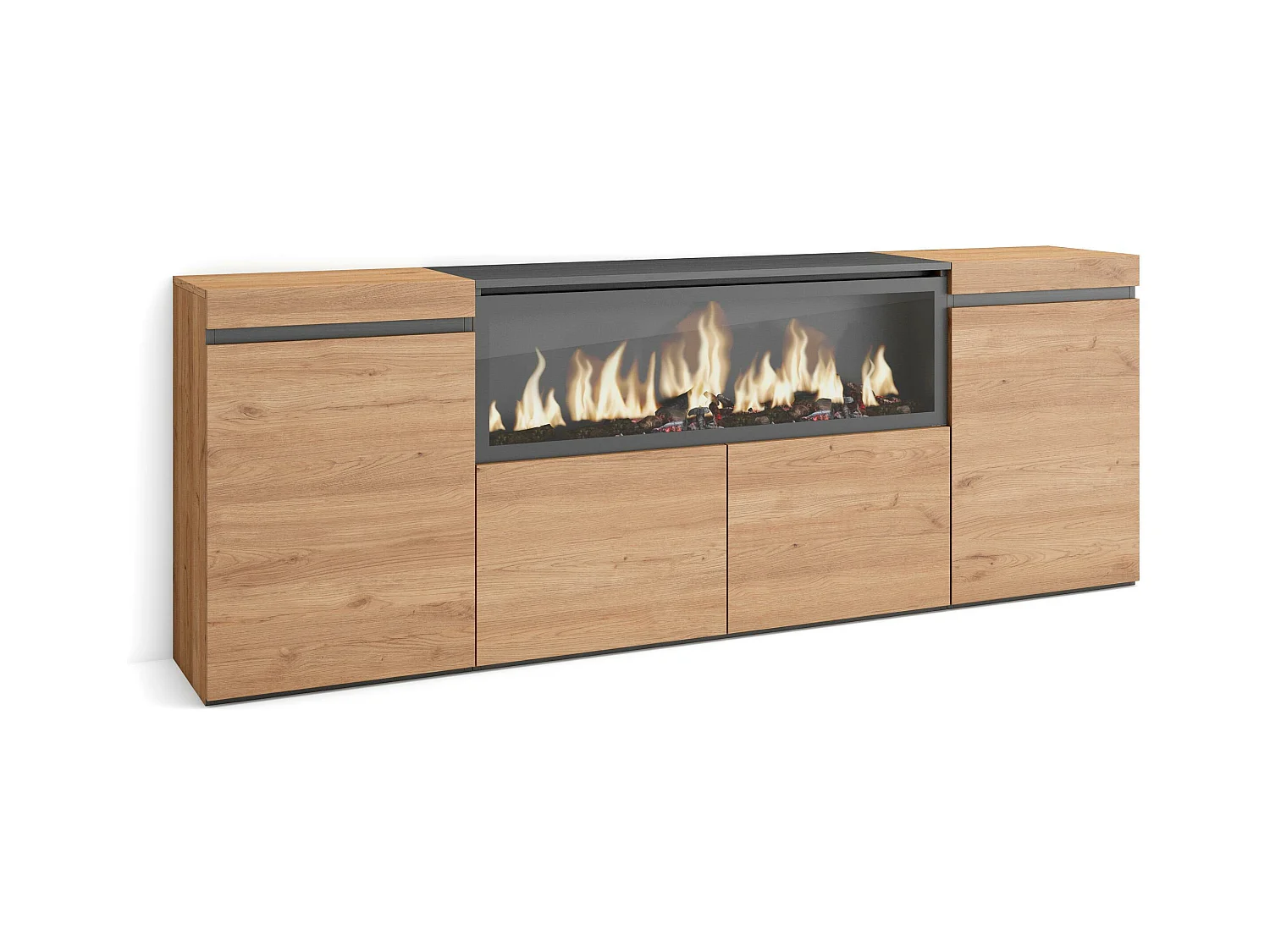 Buffet salon et cuisine, 208x35x75cm, 4 Portes, Cheminée électrique XXL, Chêne