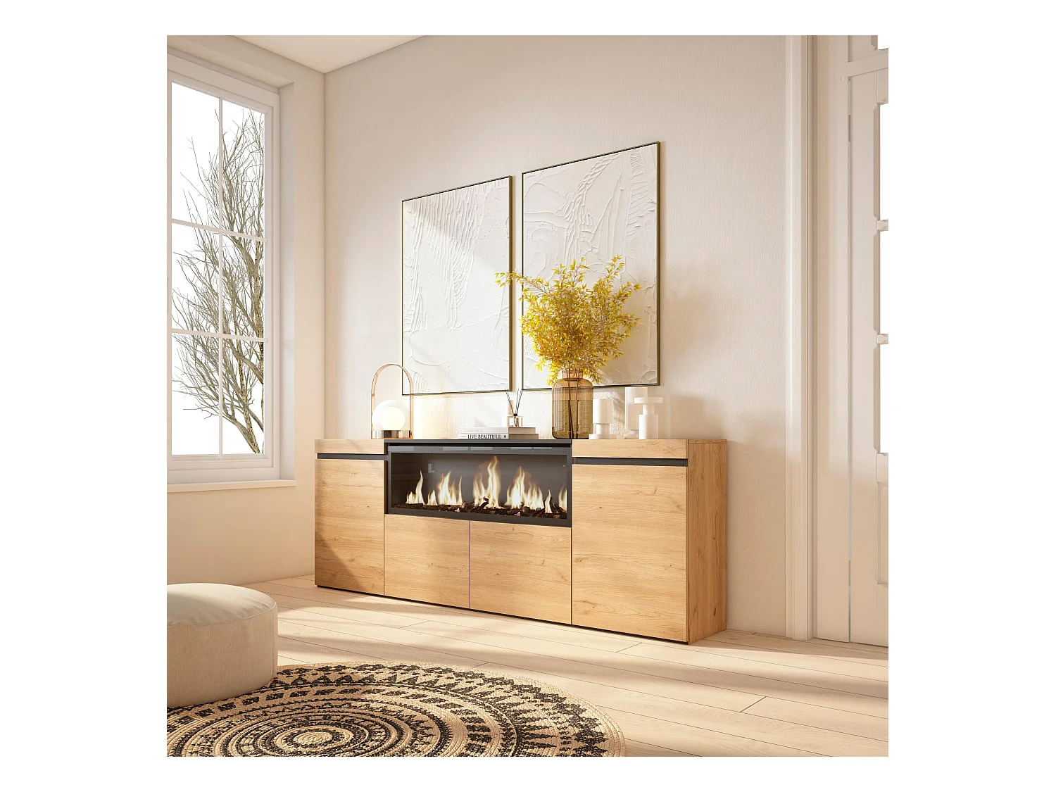 Aparadores para salón, 208x35x75cm, 4 Puertas, Chimenea eléctrica XXL, Roble