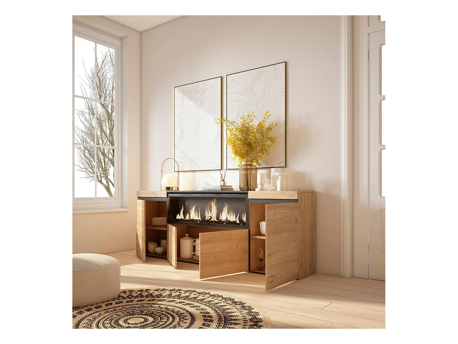 Aparadores para salón, 208x35x75cm, 4 Puertas, Chimenea eléctrica XXL, Roble