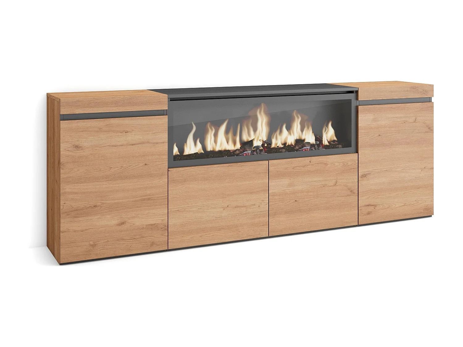 Buffet salon et cuisine, 208x35x75cm, 4 Portes, Cheminée électrique XXL, Chêne