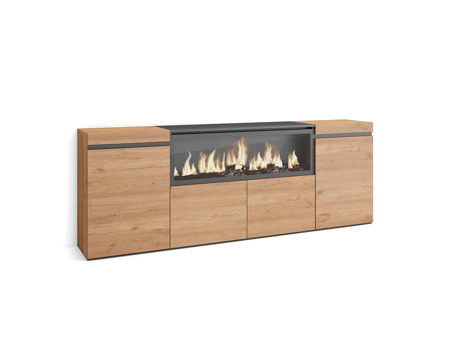 Sideboard, Highboard, 208x35x75cm, 4 Türen, Elektrokamin XXL, Eiche