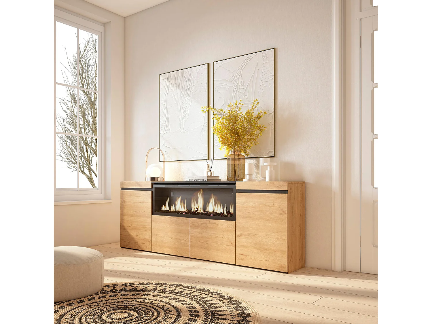 Sideboard, Highboard, 208x35x75cm, 4 Türen, Elektrokamin XXL, Eiche