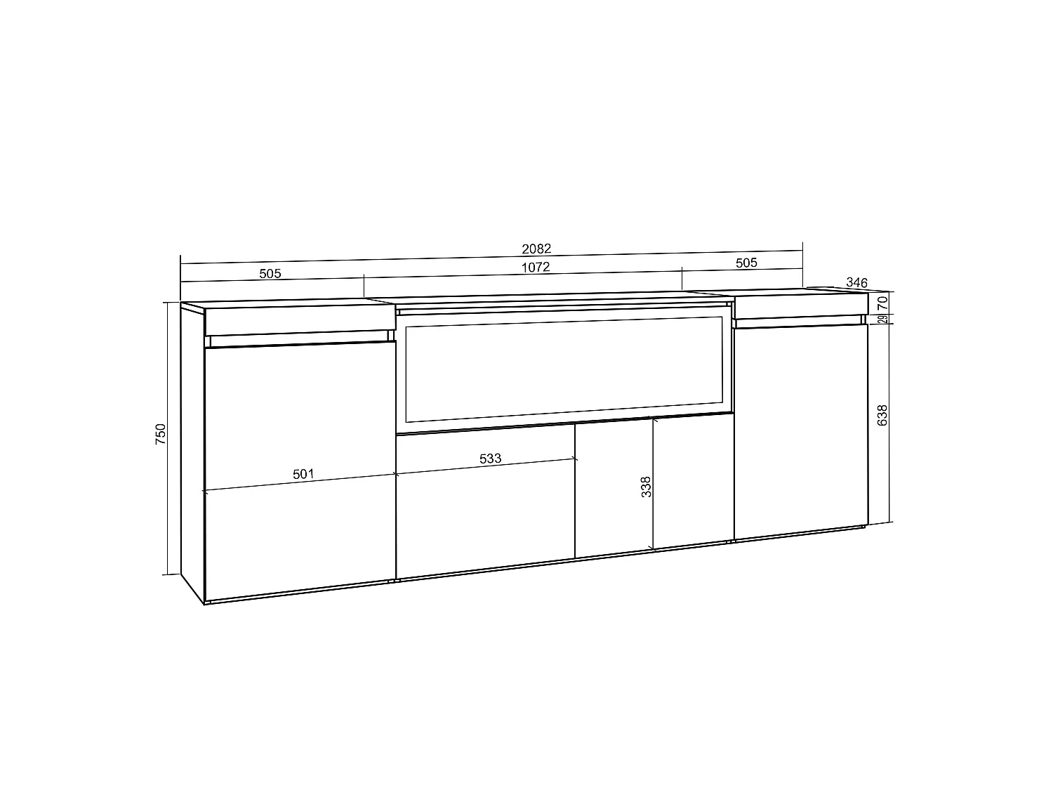 Sideboard, Highboard, 208x35x75cm, 4 Türen, Elektrokamin XXL, Eiche