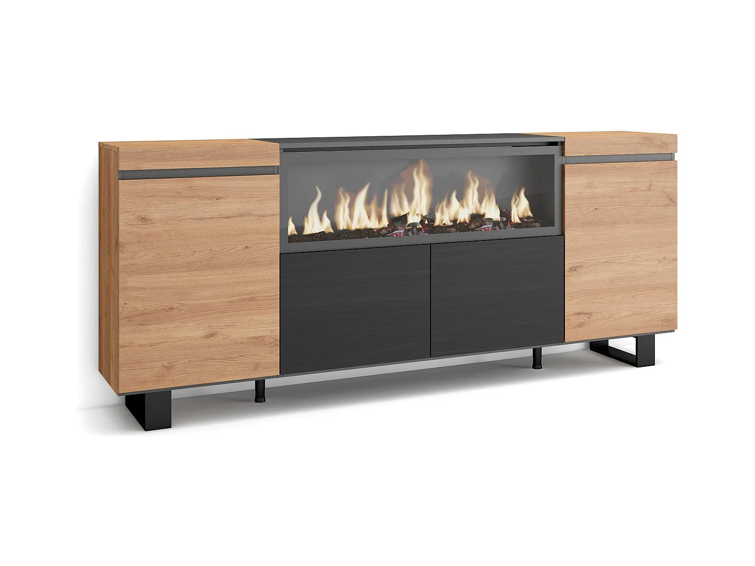 Buffet salon et cuisine, 208x35x87cm, 4 Portes, Cheminée électrique XXL, Design industriel, Chêne et noir