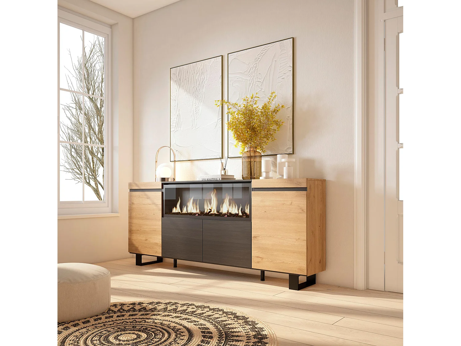 Buffet salon et cuisine, 208x35x87cm, 4 Portes, Cheminée électrique XXL, Design industriel, Chêne et noir