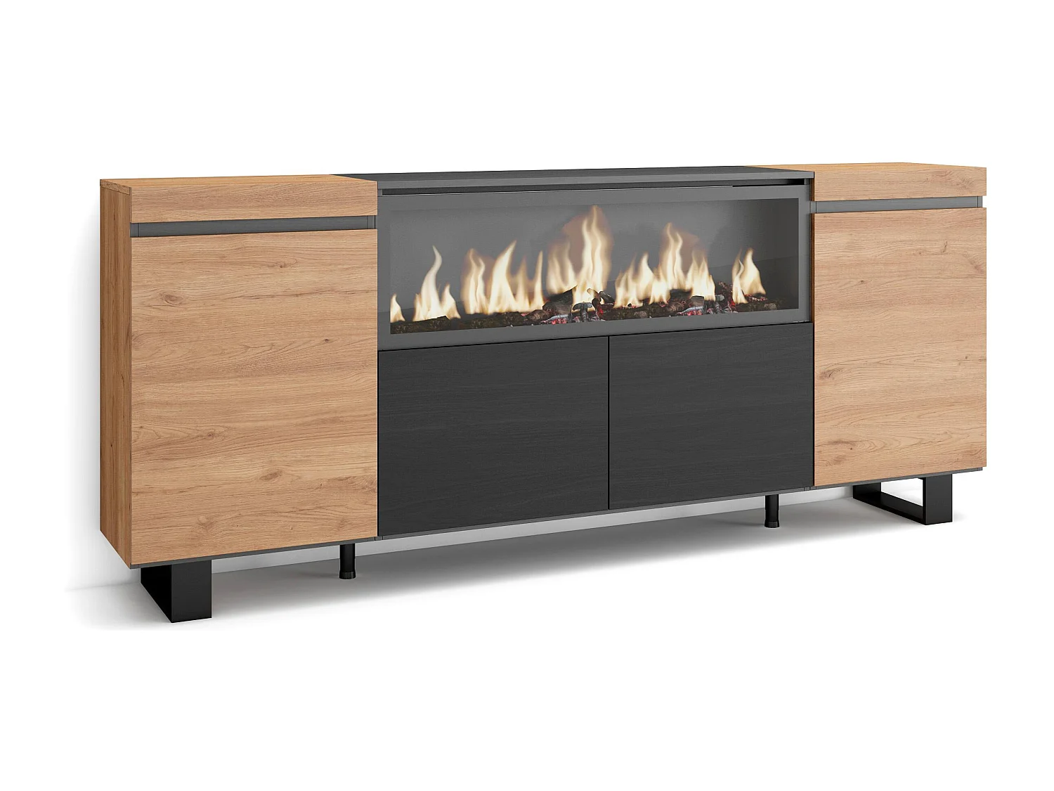 Buffet salon et cuisine, 208x35x87cm, 4 Portes, Cheminée électrique XXL, Design industriel, Chêne et noir