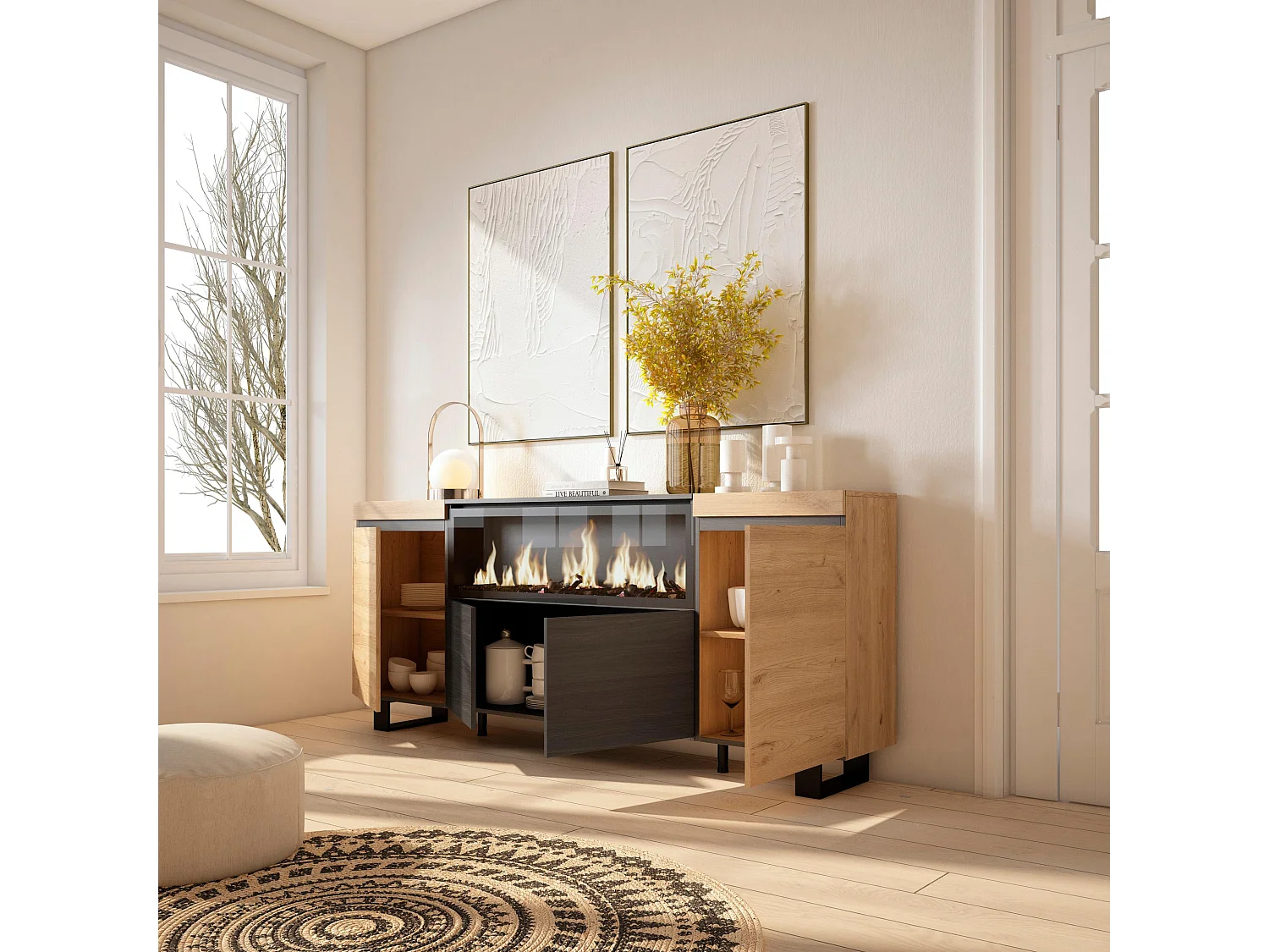 Buffet salon et cuisine, 208x35x87cm, 4 Portes, Cheminée électrique XXL, Design industriel, Chêne et noir