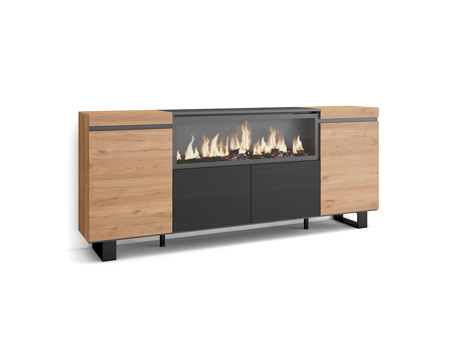 Dressoir, Opbergkast, 208x35x87cm, 4 Deuren, Elektrische haard XXL, Industrieel design, Eiken/Zwart