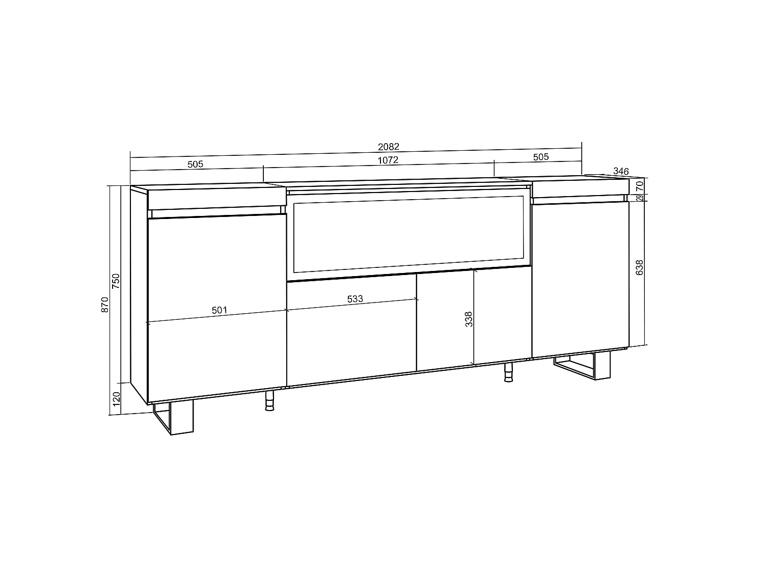 Dressoir, Opbergkast, 208x35x87cm, 4 Deuren, Elektrische haard XXL, Industrieel design, Eiken/Zwart