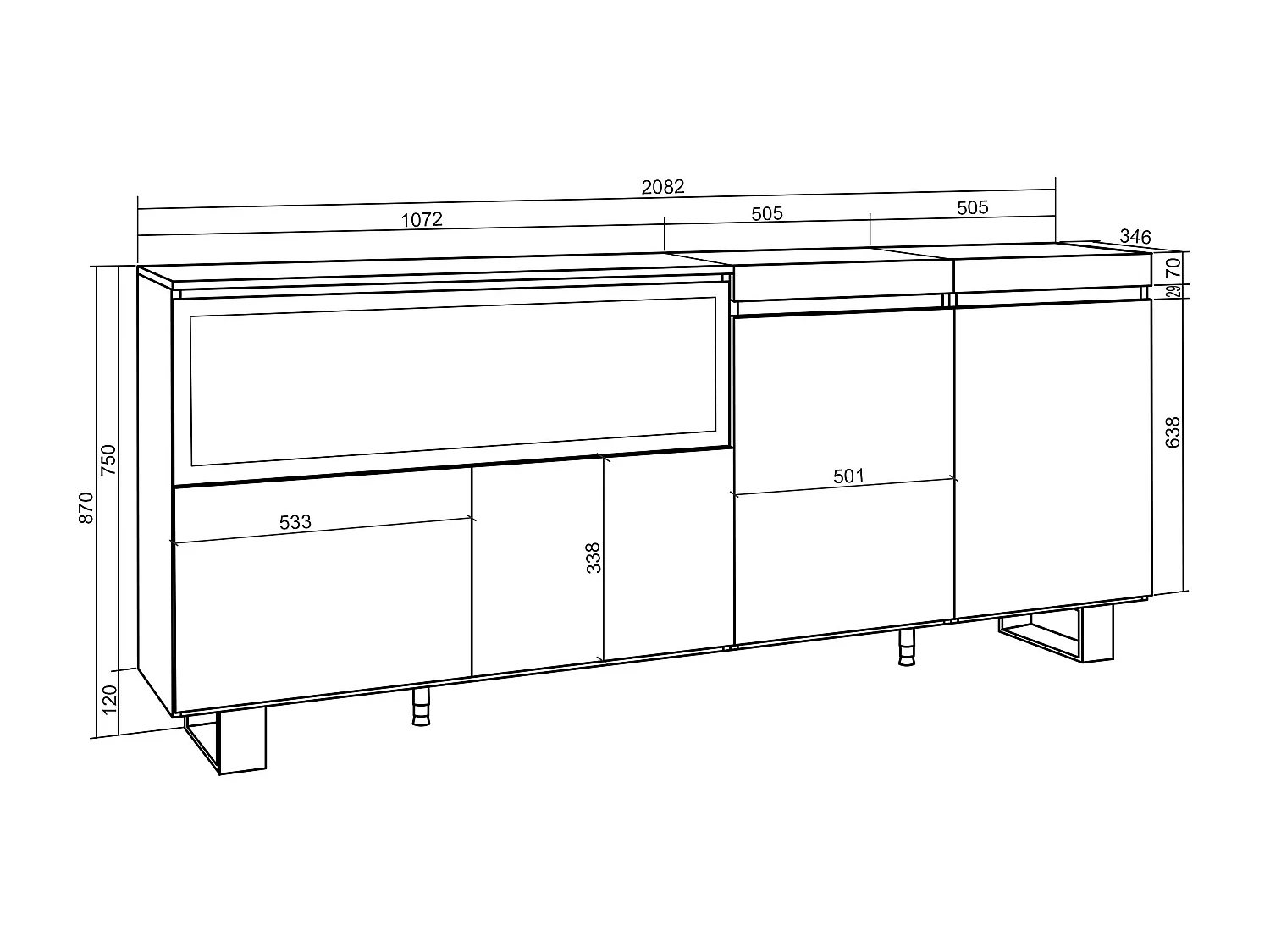 Dressoir, Opbergkast, 208x35x87cm, 4 Deuren, Elektrische haard XXL, Industrieel design, Cement