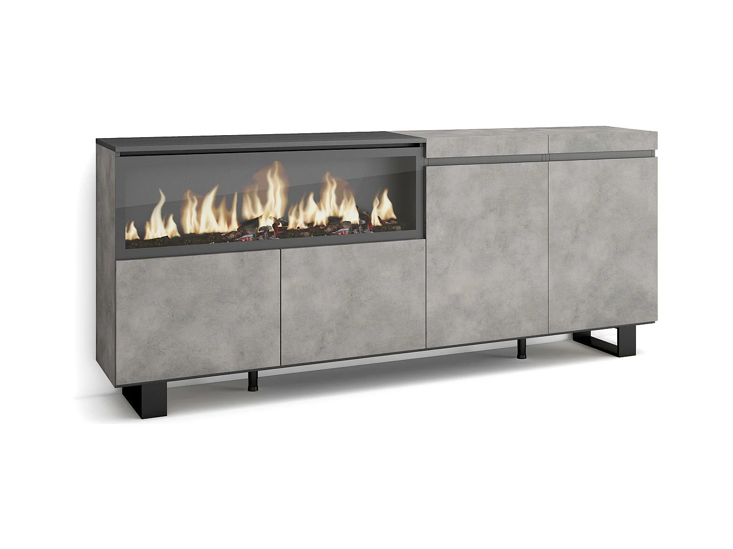 Buffet salon et cuisine, 208x35x87cm, 4 Portes, Cheminée électrique XXL, Design industriel, Ciment