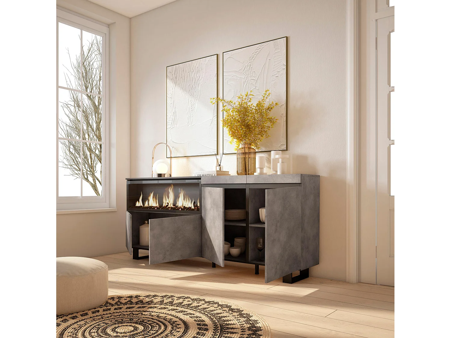 Sideboard, Highboard, 208x35x87cm, 4 Türen, Elektrokamin XXL, Industriedesign, Zement