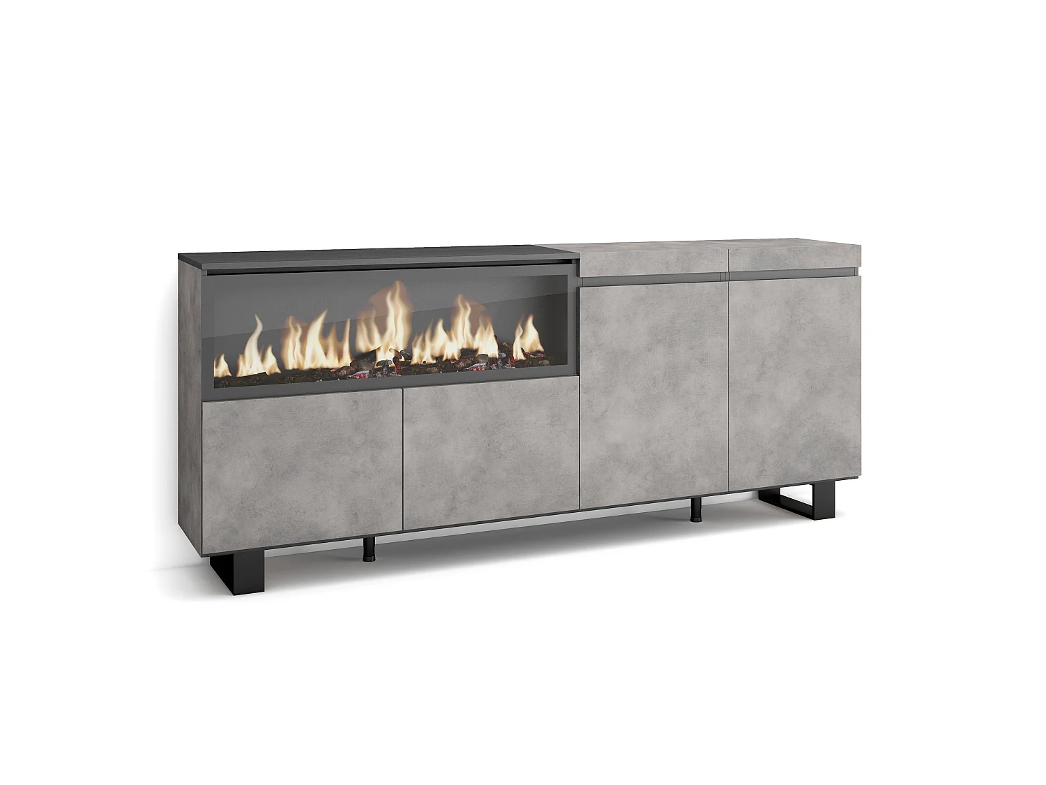 Buffet salon et cuisine, 208x35x87cm, 4 Portes, Cheminée électrique XXL, Design industriel, Ciment