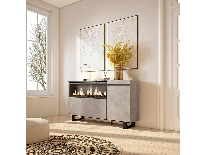 Credenza, Mobile, Cucina, 158x35x75cm, 3 Porte, Camino elettrico XXL, Design industriale, Cemento