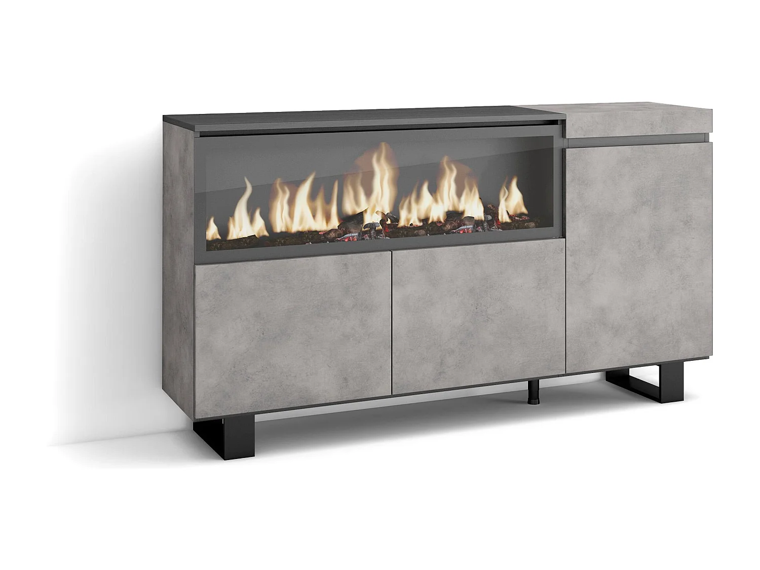 Dressoir, Opbergkast, 158x35x87cm, 3 Deuren, Elektrische haard XXL, Industrieel design, Cement