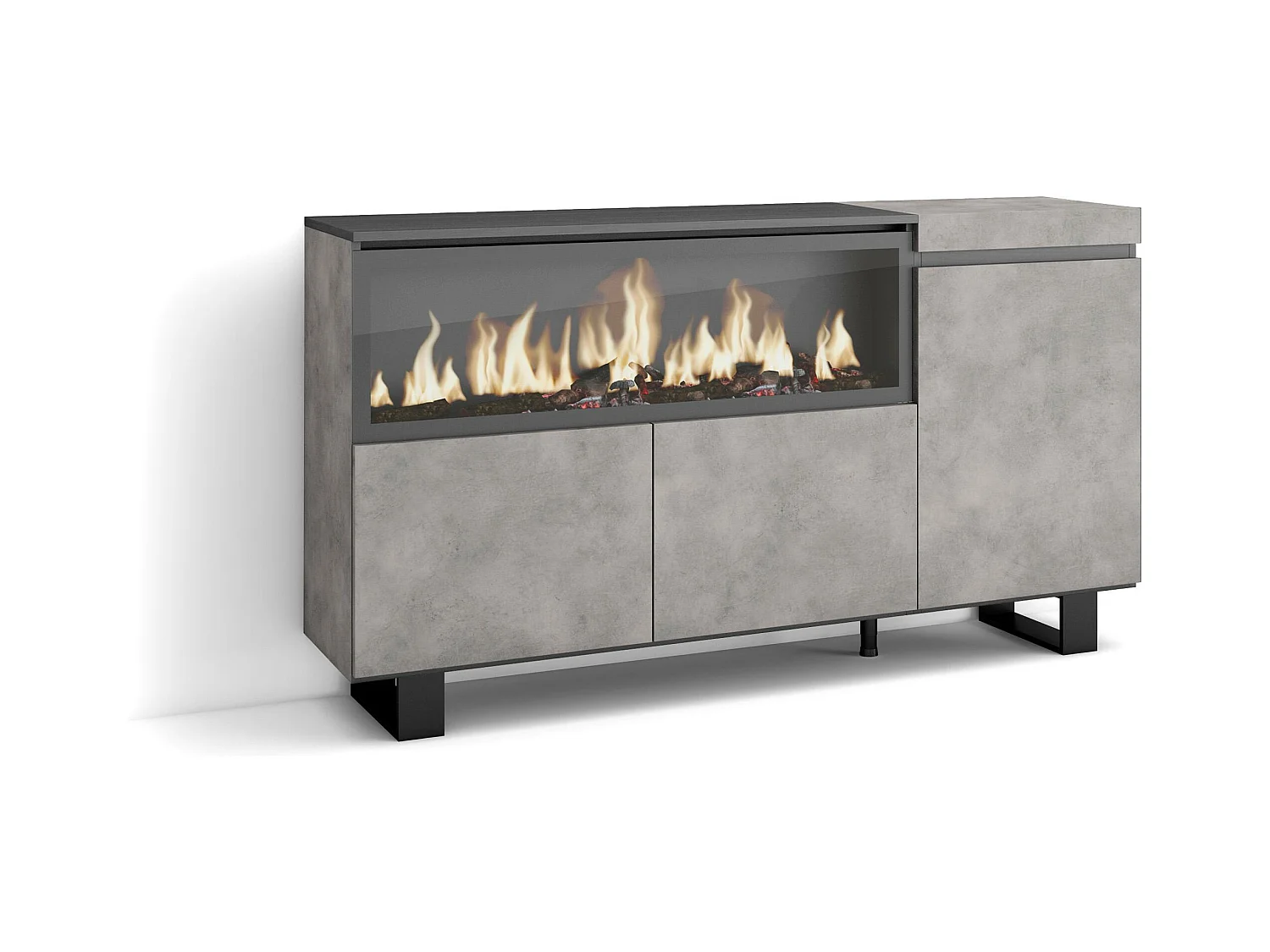 Buffet salon et cuisine, 158x35x87cm, 3 Portes, Cheminée électrique XXL, Design industriel, Ciment
