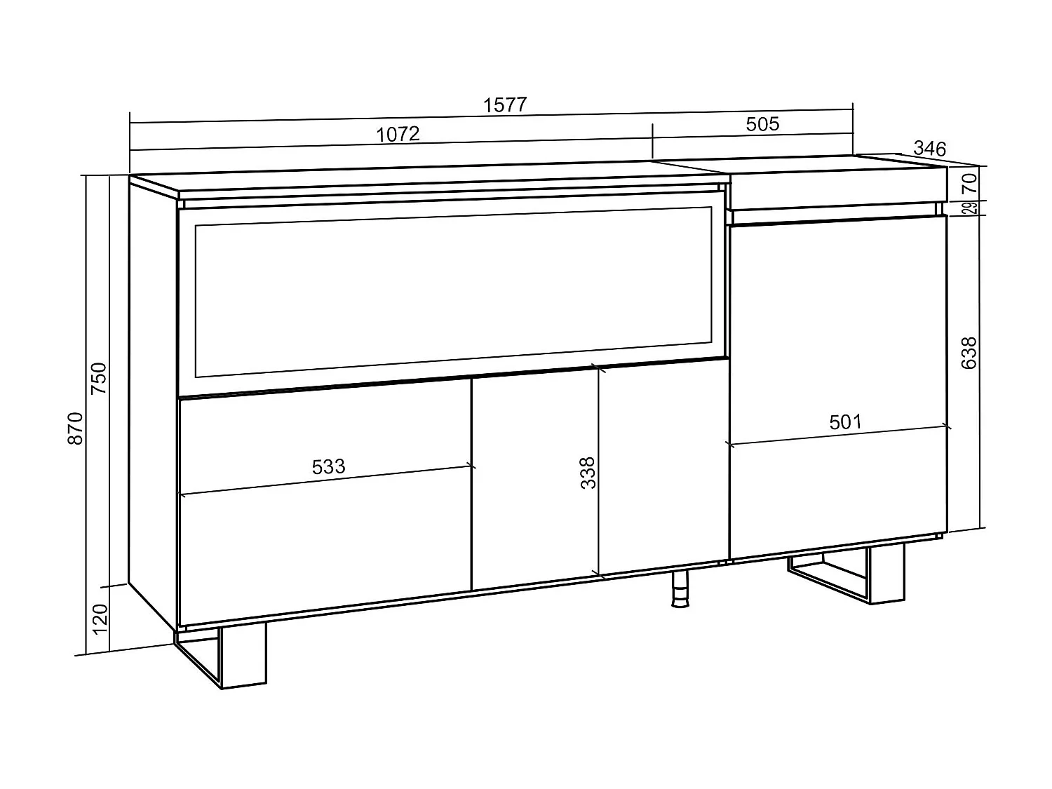 Dressoir, Opbergkast, 158x35x87cm, 3 Deuren, Elektrische haard XXL, Industrieel design, Cement
