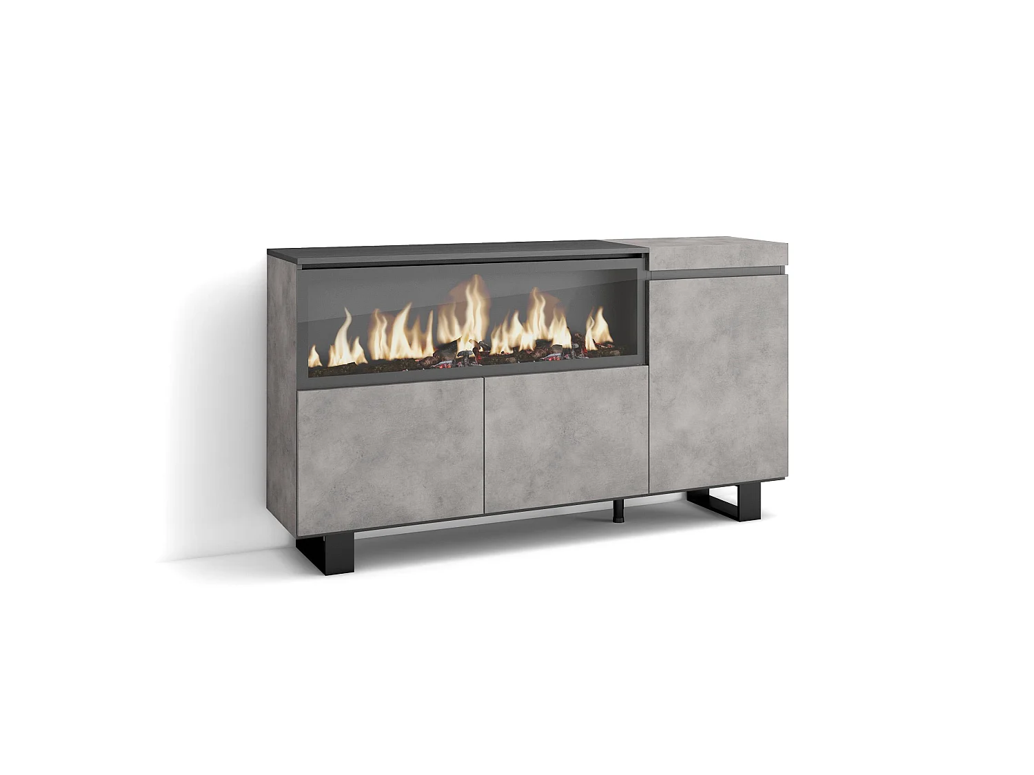 Buffet salon et cuisine, 158x35x87cm, 3 Portes, Cheminée électrique XXL, Design industriel, Ciment